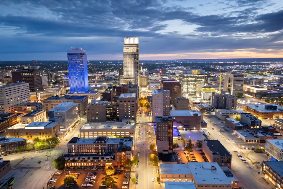 Downtown Omaha, Nebraska skyline at night.